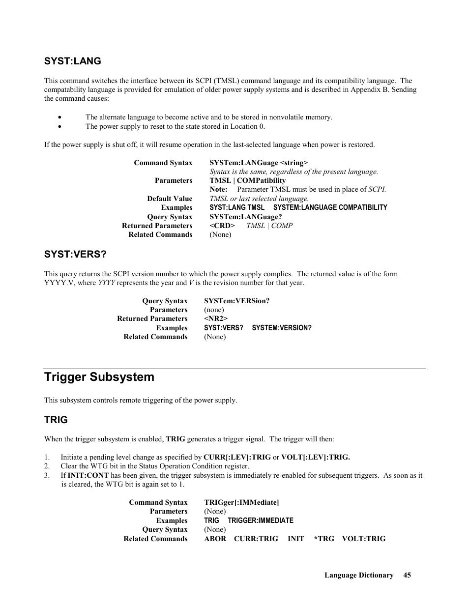 Syst:lang, Syst:vers, Trigger subsystem | Trig | Agilent Technologies 664xA User Manual | Page 45 / 70