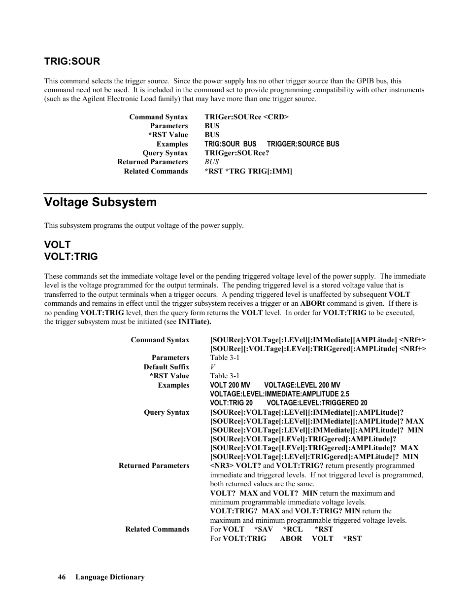 Trig:sour, Voltage subsystem, Volt | Volt:trig, Volt volt:trig | Agilent Technologies 664xA User Manual | Page 46 / 70