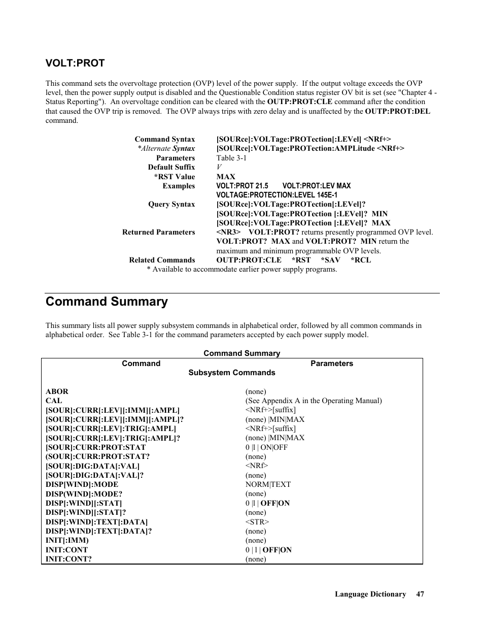 Volt:prot, Command summary | Agilent Technologies 664xA User Manual | Page 47 / 70
