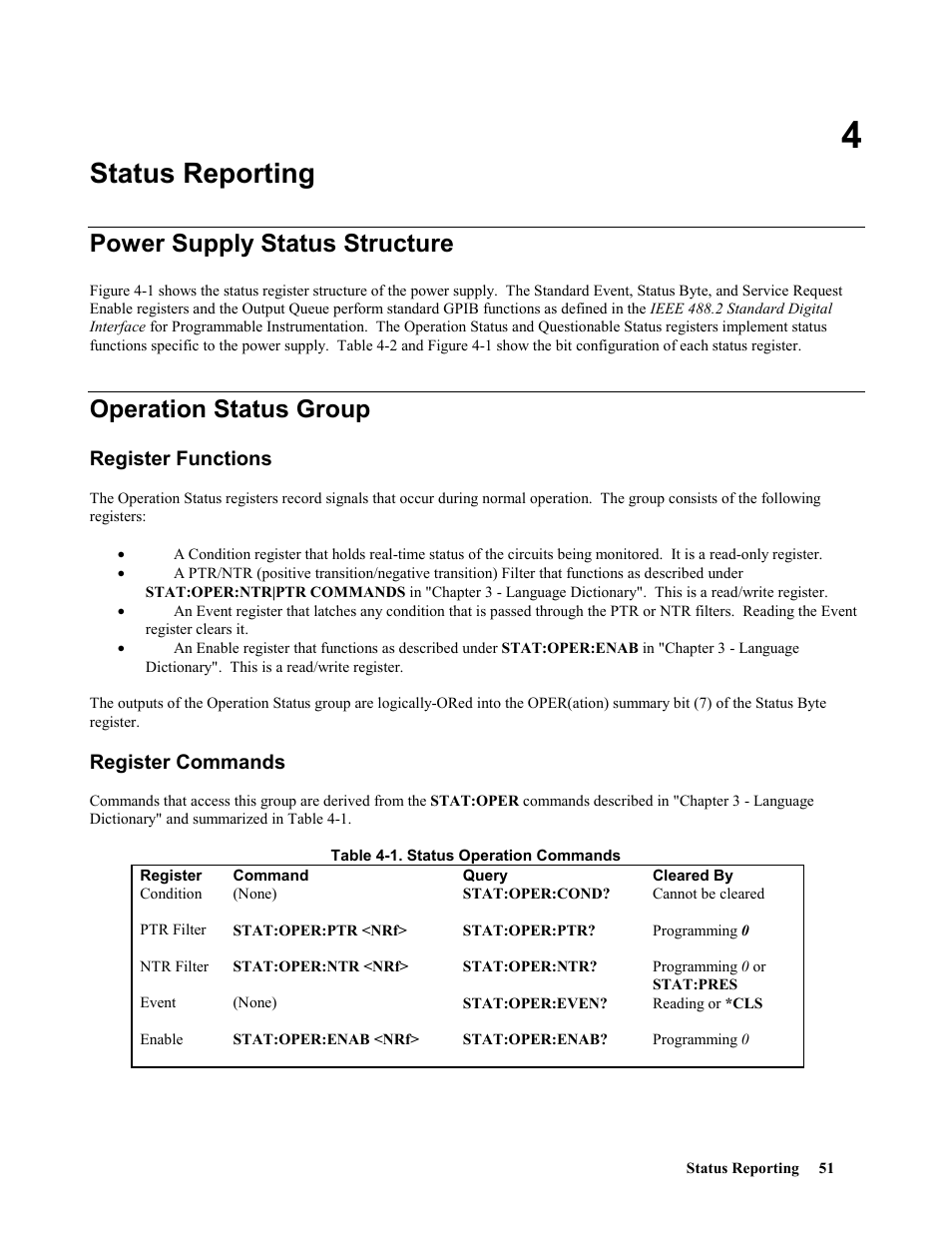 Status reporting, Power supply status structure, Operation status group | Register functions, Register commands | Agilent Technologies 664xA User Manual | Page 51 / 70
