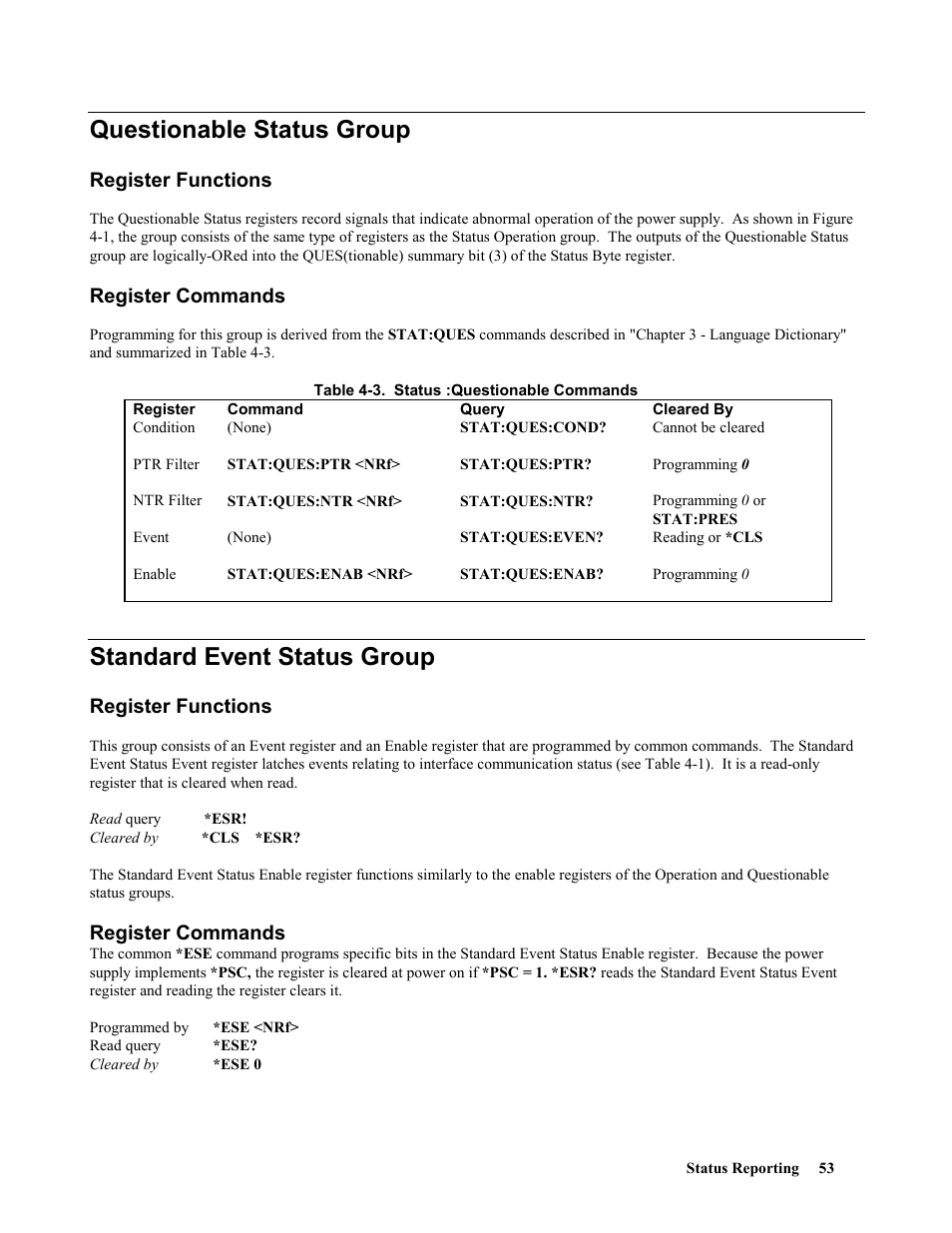 Questionable status group, Register functions, Register commands | Standard event status group | Agilent Technologies 664xA User Manual | Page 53 / 70