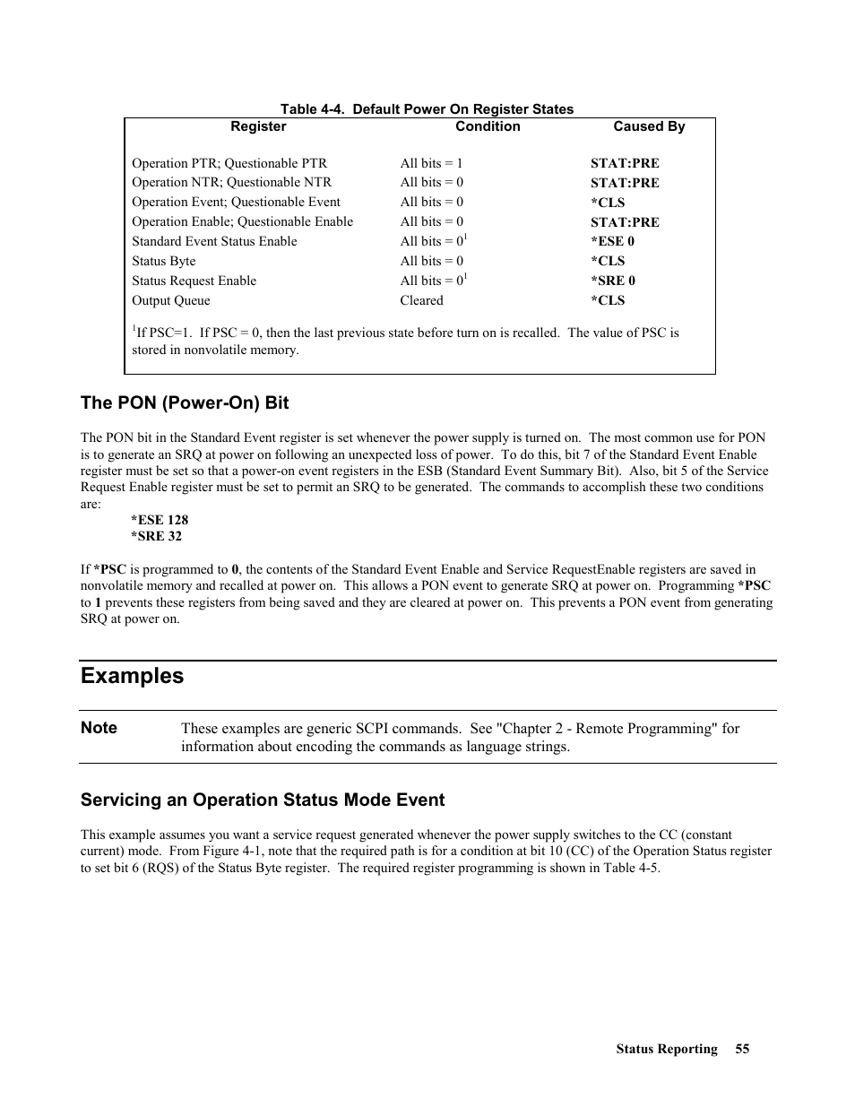 The pon (power-on) bit, Examples, Servicing an operation status mode event | Agilent Technologies 664xA User Manual | Page 55 / 70
