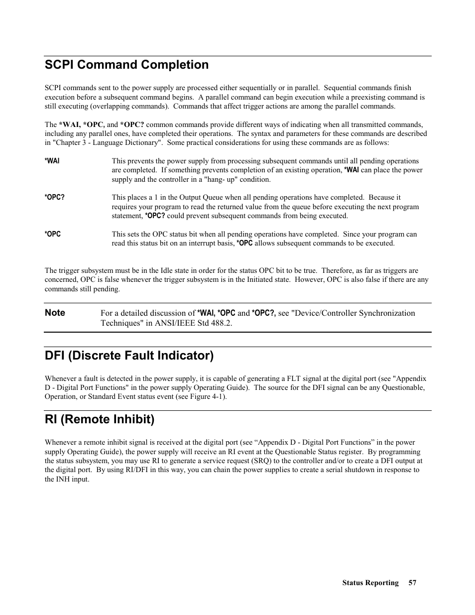 Scpi command completion, Dfi (discrete fault indicator), Ri (remote inhibit) | Agilent Technologies 664xA User Manual | Page 57 / 70