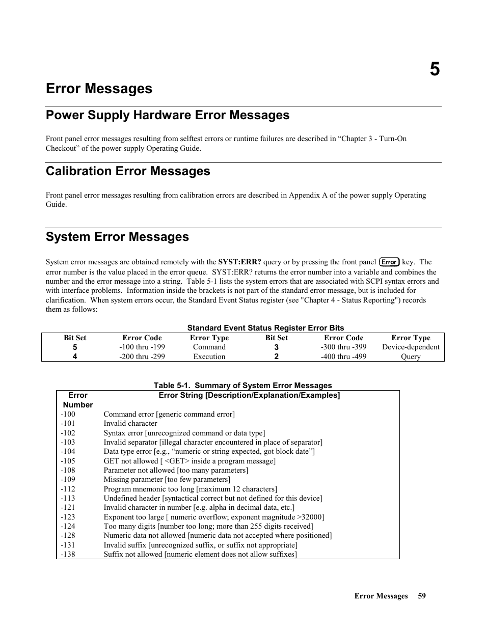 Error messages, Power supply hardware error messages, Calibration error messages | System error messages | Agilent Technologies 664xA User Manual | Page 59 / 70