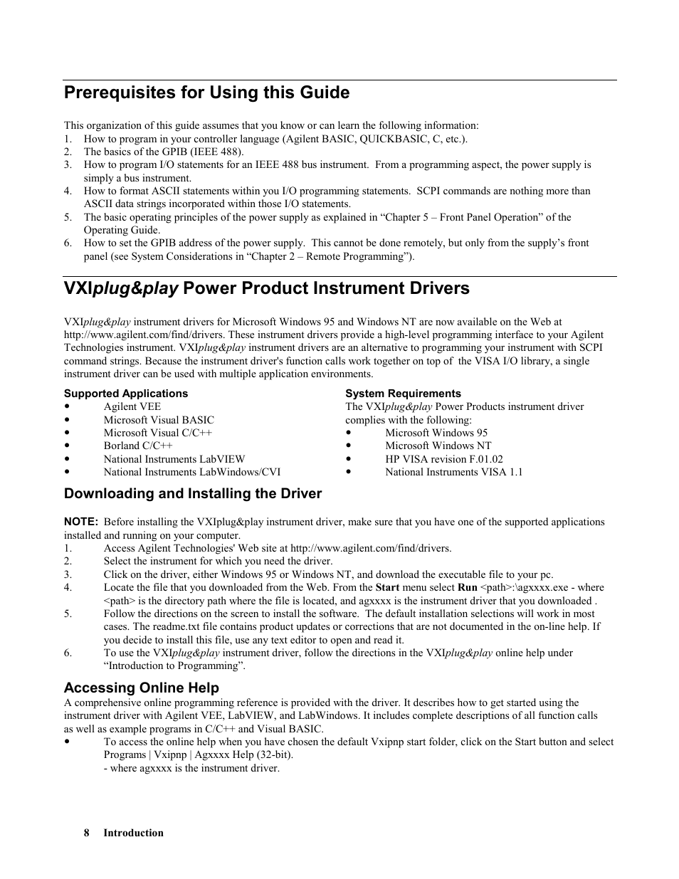 Prerequisites for using this guide, Vxiplug&play power product instrument drivers, Downloading and installing the driver | Accessing online help, Vxi plug&play power product instrument drivers | Agilent Technologies 664xA User Manual | Page 8 / 70