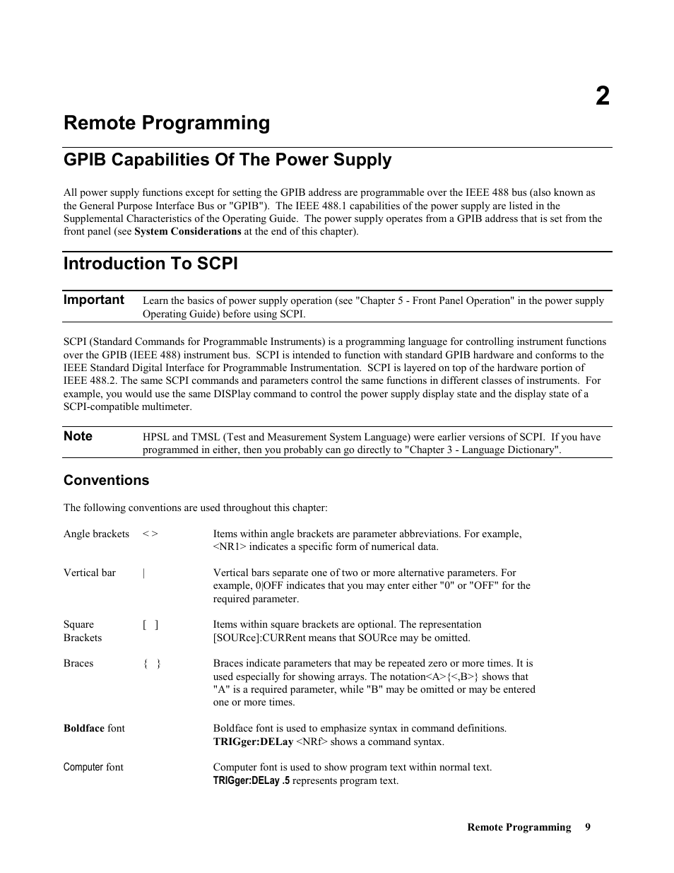 Remote programming, Gpib capabilities of the power supply, Introduction to scpi | Conventions | Agilent Technologies 664xA User Manual | Page 9 / 70