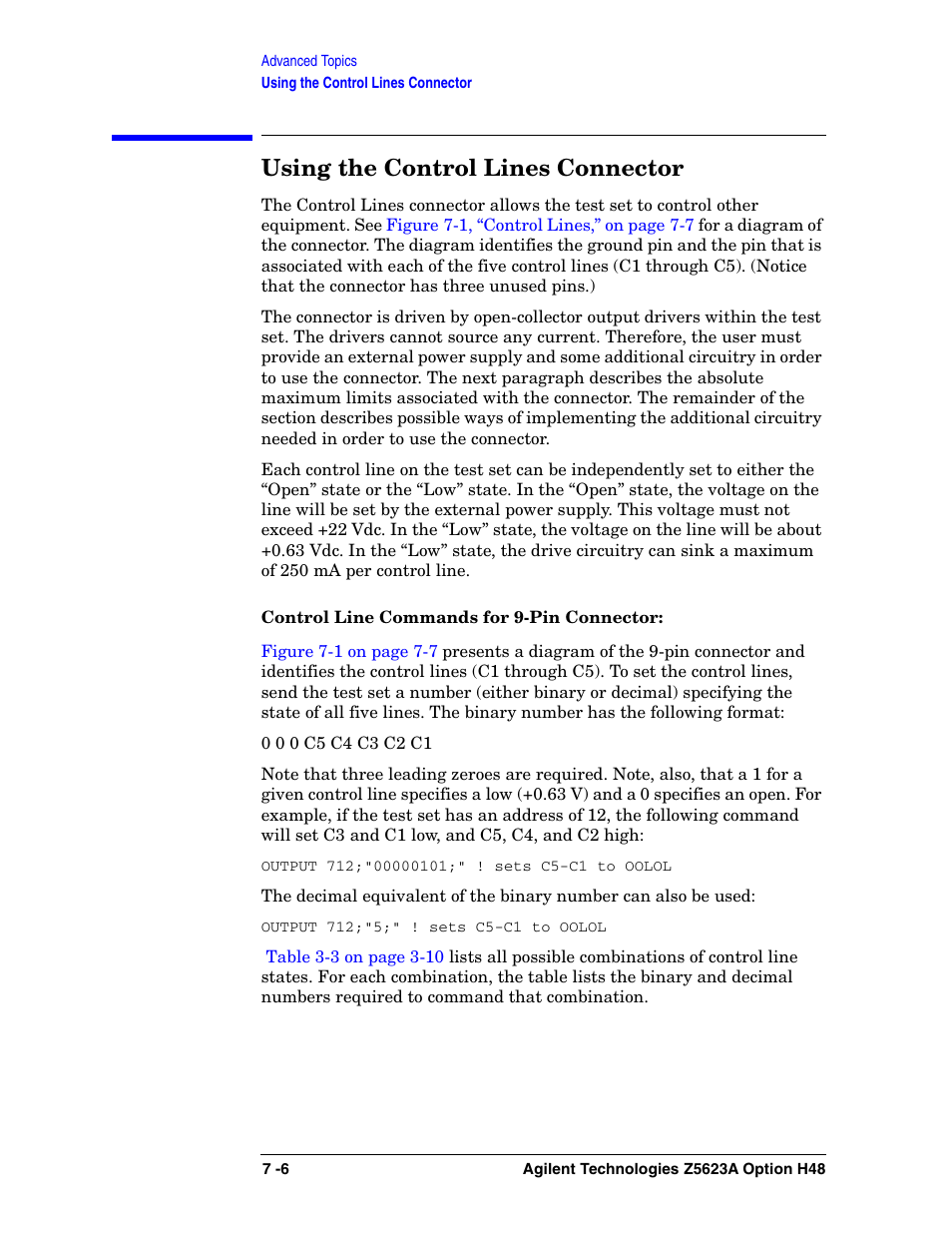Using the control lines connector | Agilent Technologies Option H48 Multiport Test Set Z5623A User Manual | Page 118 / 138
