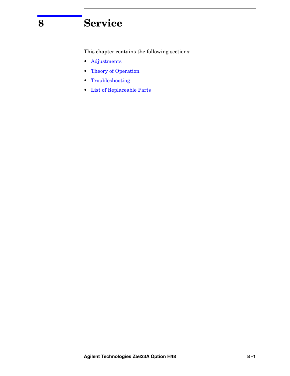 8 service, Service | Agilent Technologies Option H48 Multiport Test Set Z5623A User Manual | Page 123 / 138