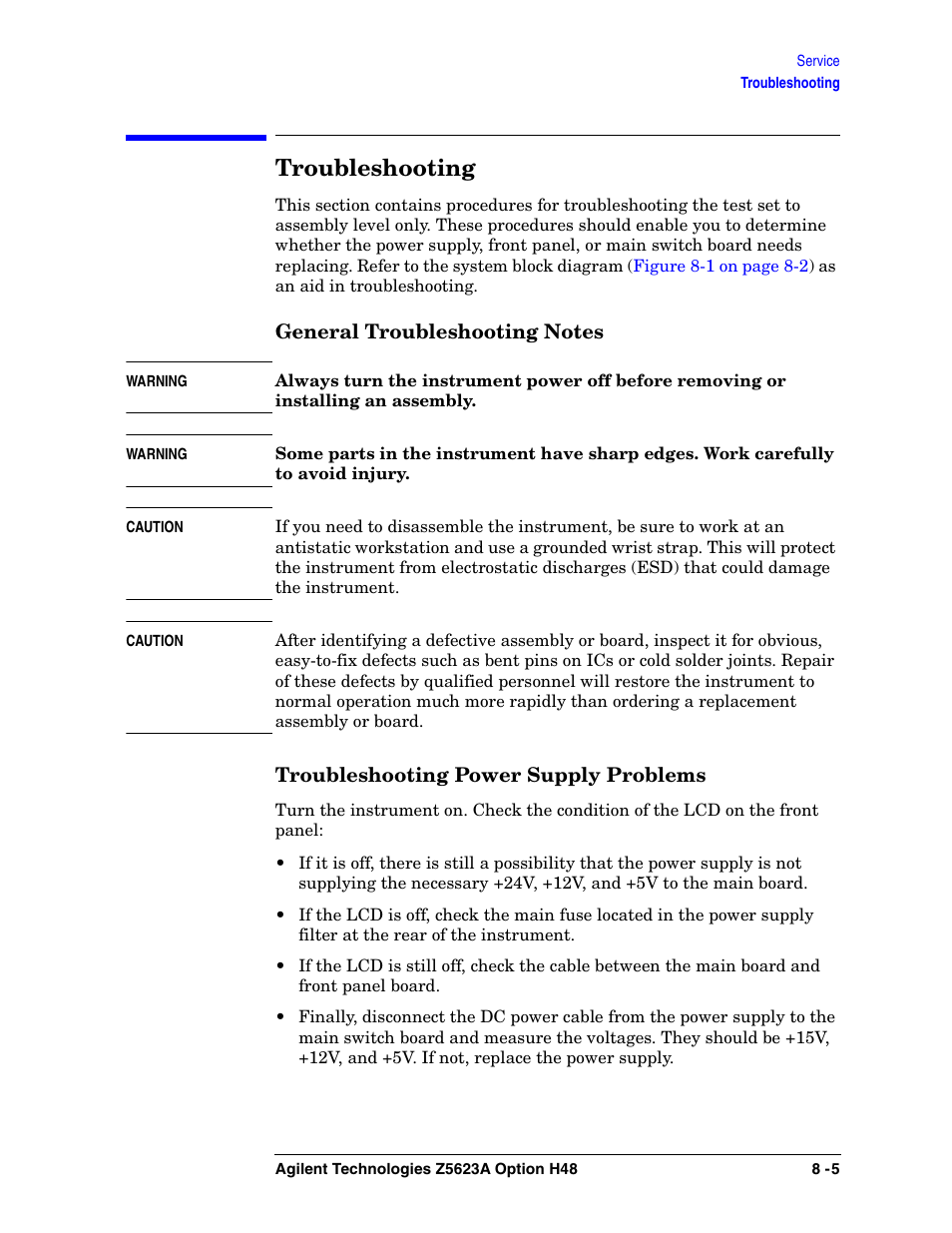Troubleshooting | Agilent Technologies Option H48 Multiport Test Set Z5623A User Manual | Page 127 / 138