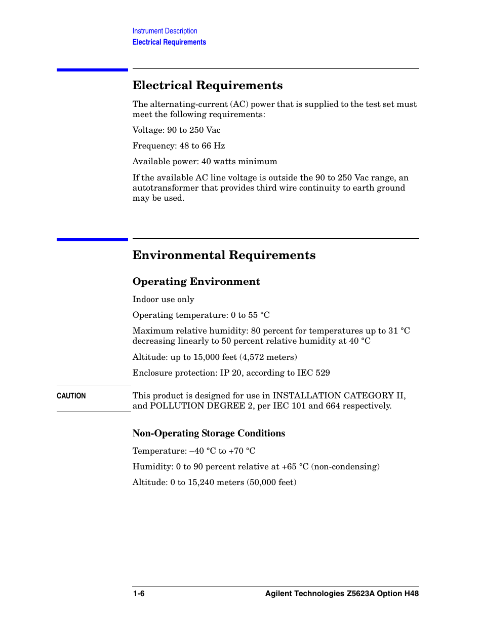 Electrical requirements, Environmental requirements | Agilent Technologies Option H48 Multiport Test Set Z5623A User Manual | Page 14 / 138