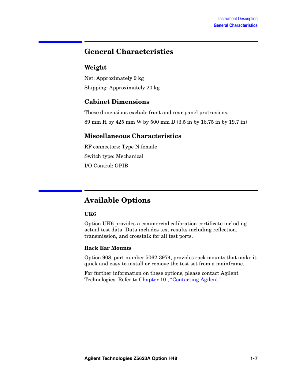 General characteristics, Available options | Agilent Technologies Option H48 Multiport Test Set Z5623A User Manual | Page 15 / 138
