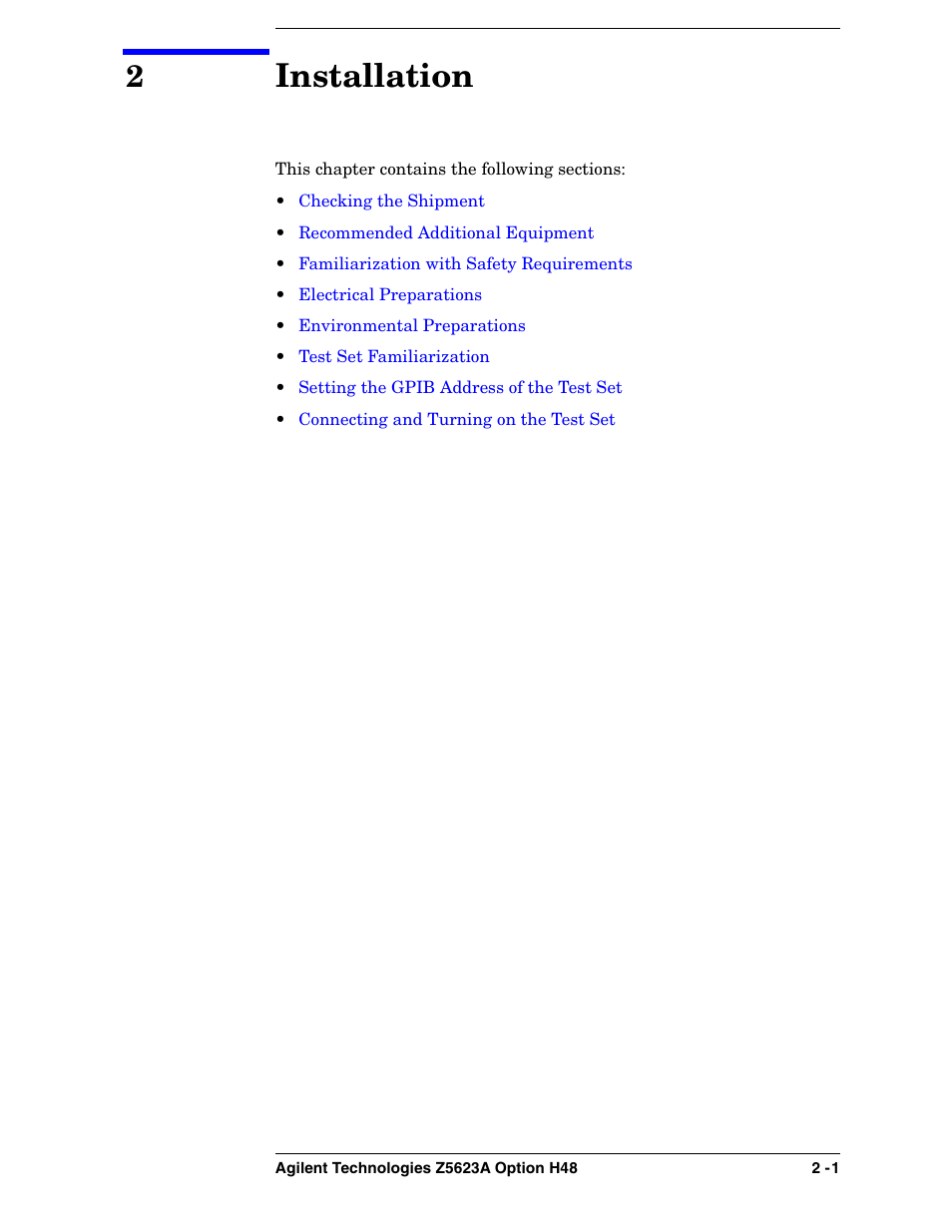 2 installation, Installation | Agilent Technologies Option H48 Multiport Test Set Z5623A User Manual | Page 17 / 138
