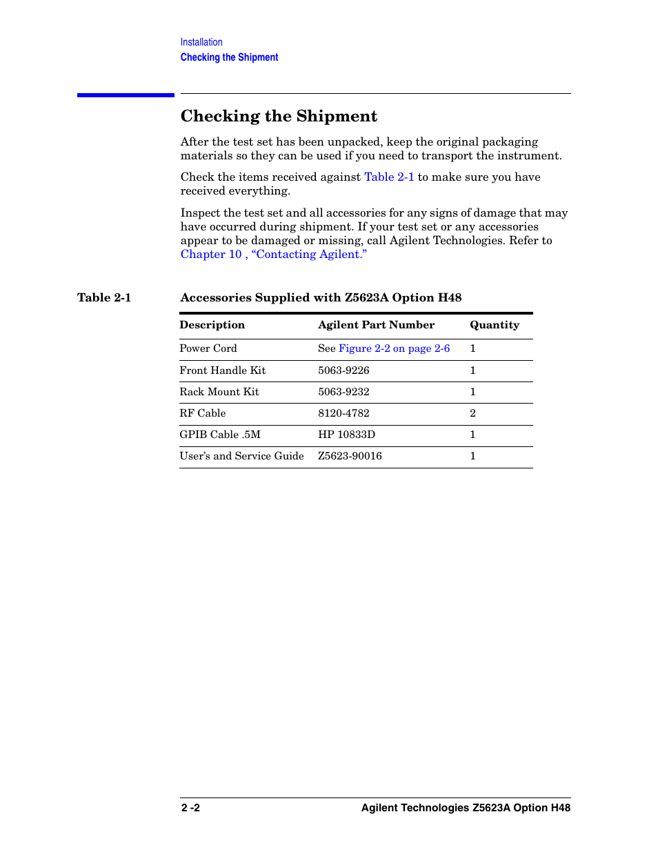 Checking the shipment | Agilent Technologies Option H48 Multiport Test Set Z5623A User Manual | Page 18 / 138