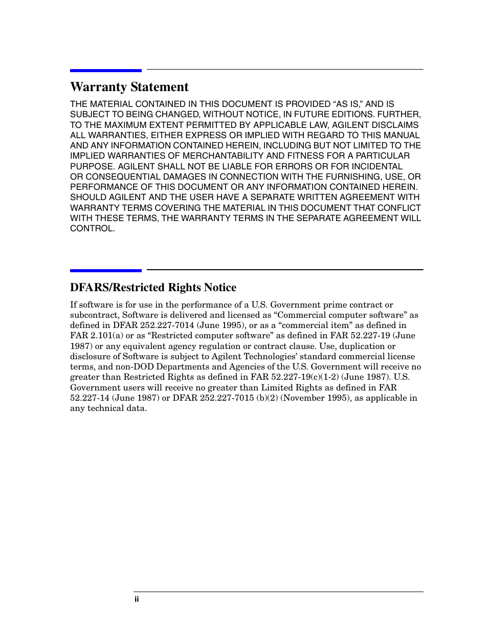 Warranty statement, Dfars/restricted rights notice | Agilent Technologies Option H48 Multiport Test Set Z5623A User Manual | Page 2 / 138
