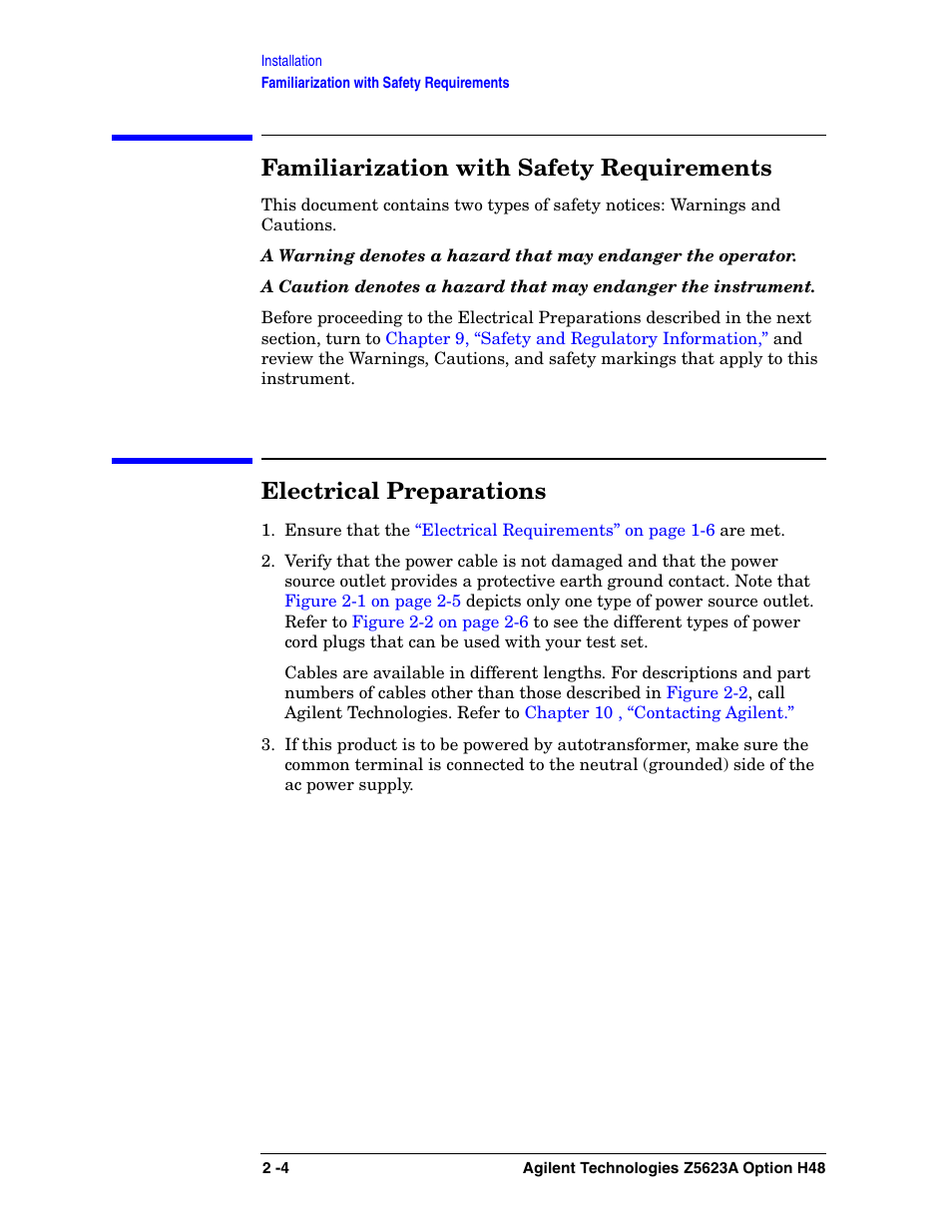 Familiarization with safety requirements, Electrical preparations | Agilent Technologies Option H48 Multiport Test Set Z5623A User Manual | Page 20 / 138