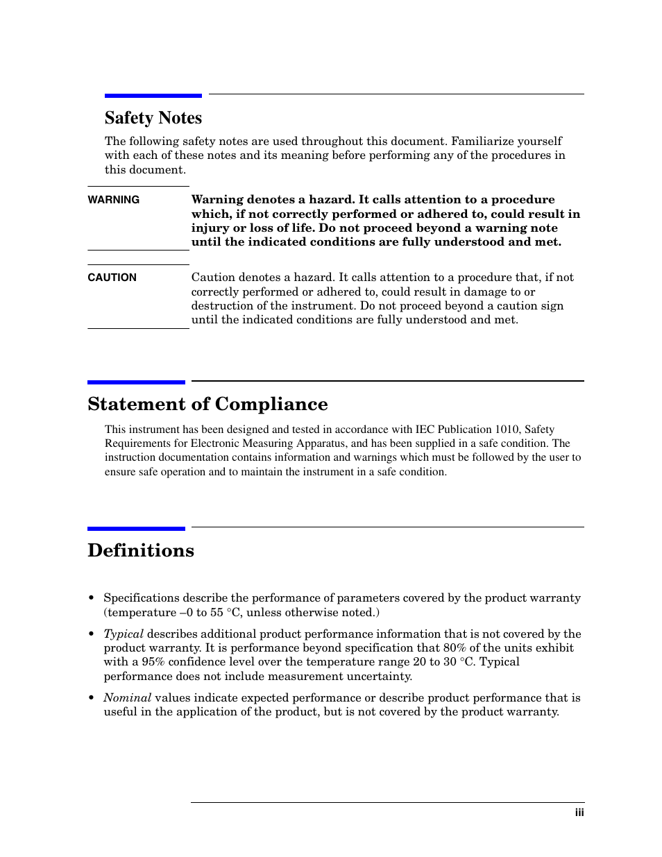Statement of compliance, Definitions | Agilent Technologies Option H48 Multiport Test Set Z5623A User Manual | Page 3 / 138