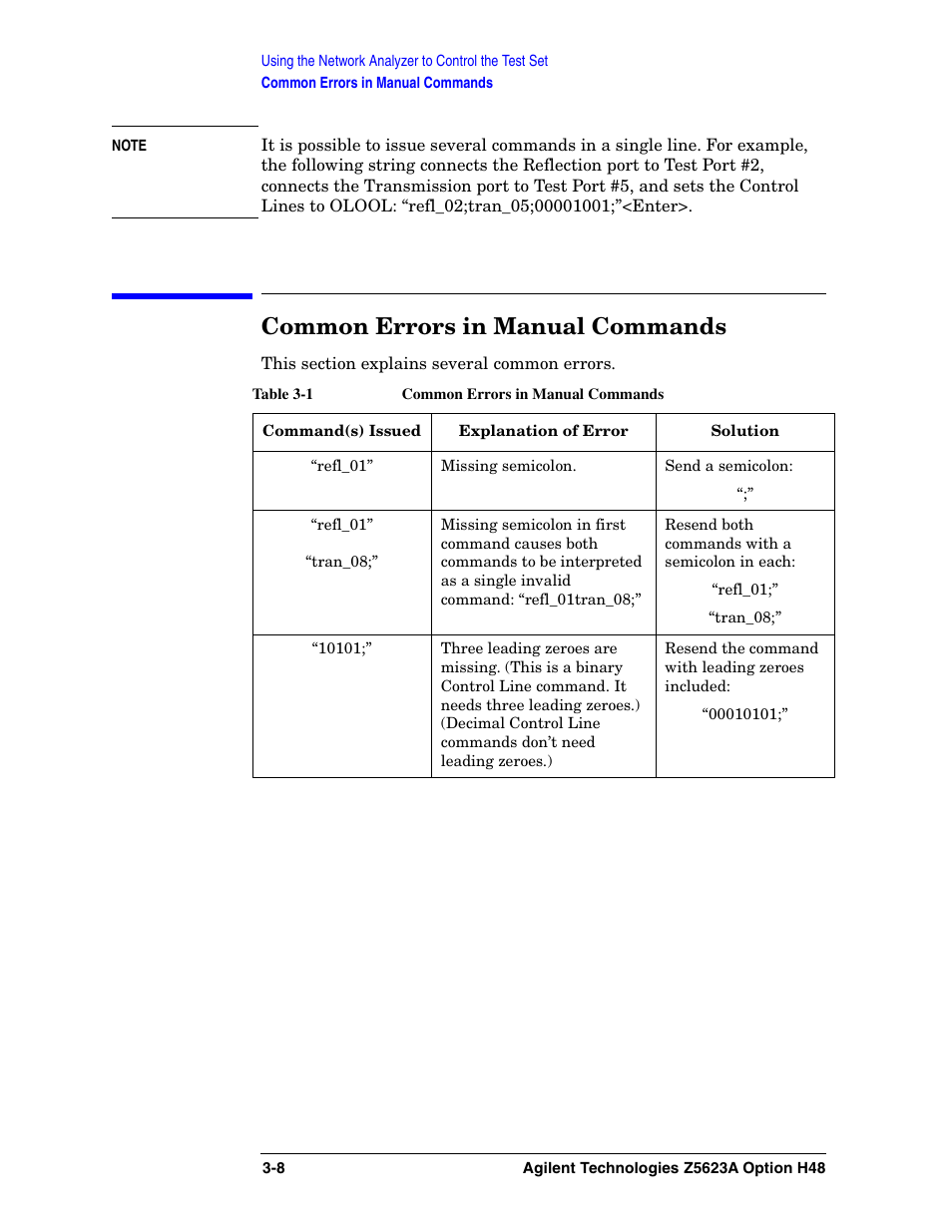 Common errors in manual commands | Agilent Technologies Option H48 Multiport Test Set Z5623A User Manual | Page 40 / 138