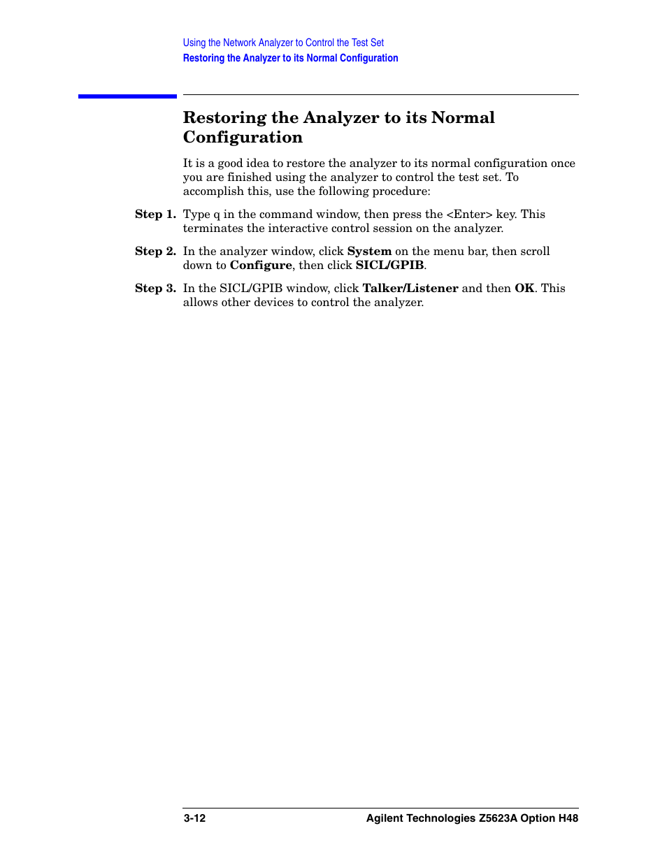 Restoring the analyzer to its normal configuration | Agilent Technologies Option H48 Multiport Test Set Z5623A User Manual | Page 44 / 138