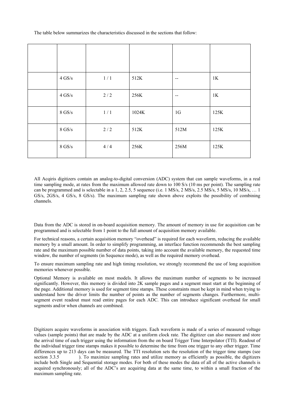 Data acquisition, Sampling rate, Acquisition memory | Single and sequence acquisition modes | Agilent Technologies DC152 User Manual | Page 30 / 55