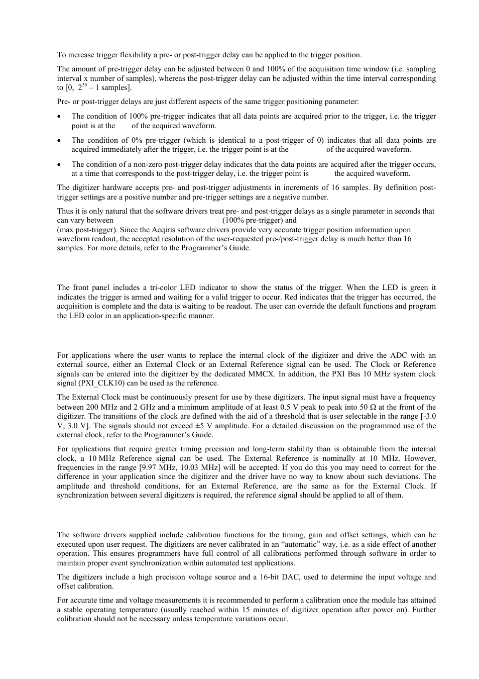 Pre- and post-trigger delay, Trigger status, External clock and reference | Internal calibration | Agilent Technologies DC152 User Manual | Page 33 / 55