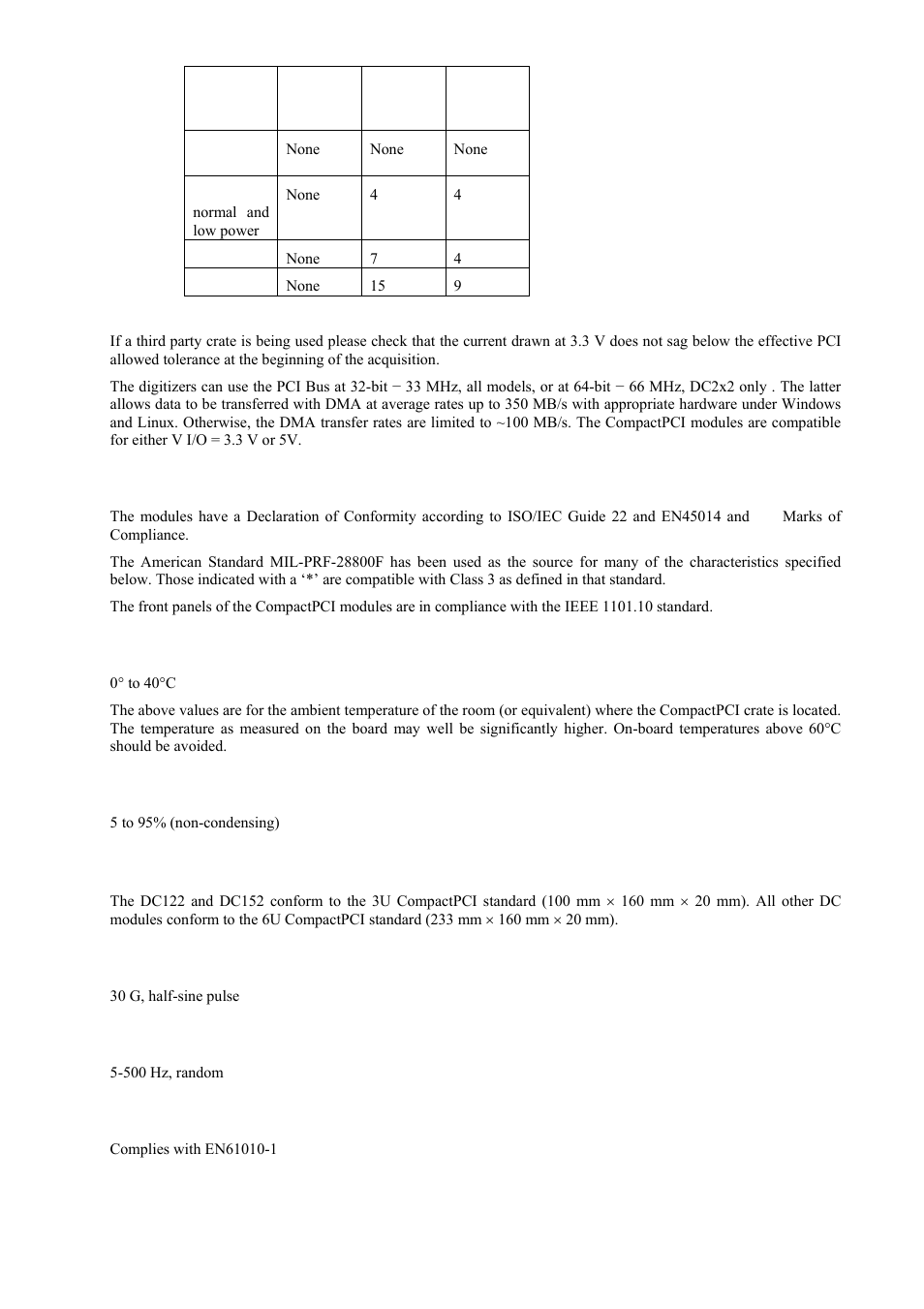 Environmental and physical, Operating temperature, Relative humidity | Dimensions, Shock, Vibration, Safety, Emc immunity | Agilent Technologies DC152 User Manual | Page 36 / 55