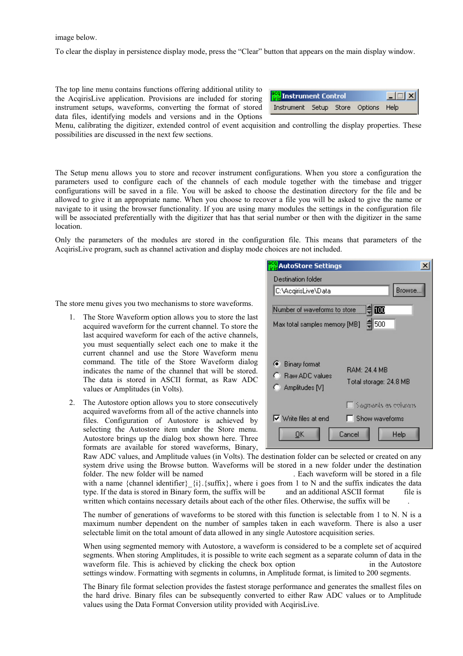 Top line menu of acqirislive, Setup, Store, autostore and conversion of waveforms | Agilent Technologies DC152 User Manual | Page 45 / 55