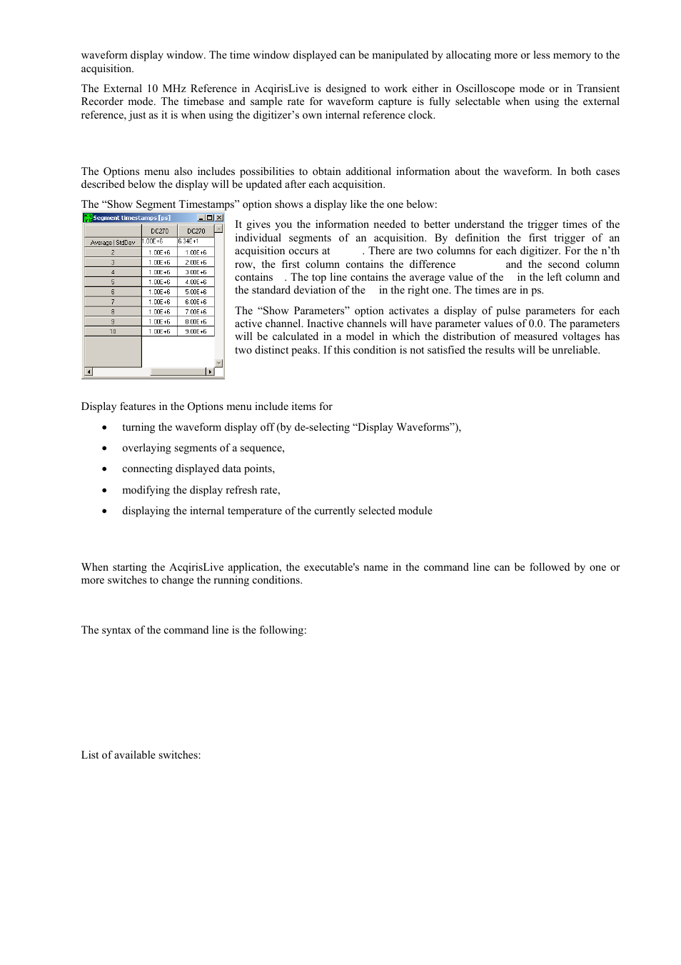 Additional waveform information, Display features, Command line switches | Syntax, Available switches | Agilent Technologies DC152 User Manual | Page 47 / 55