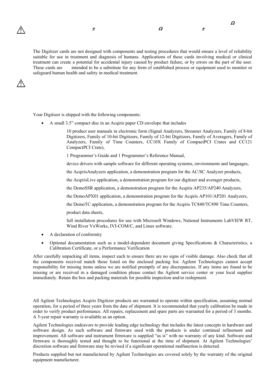 Warning regarding medical use, Packaging and handling, Warranty | Agilent Technologies DC152 User Manual | Page 6 / 55