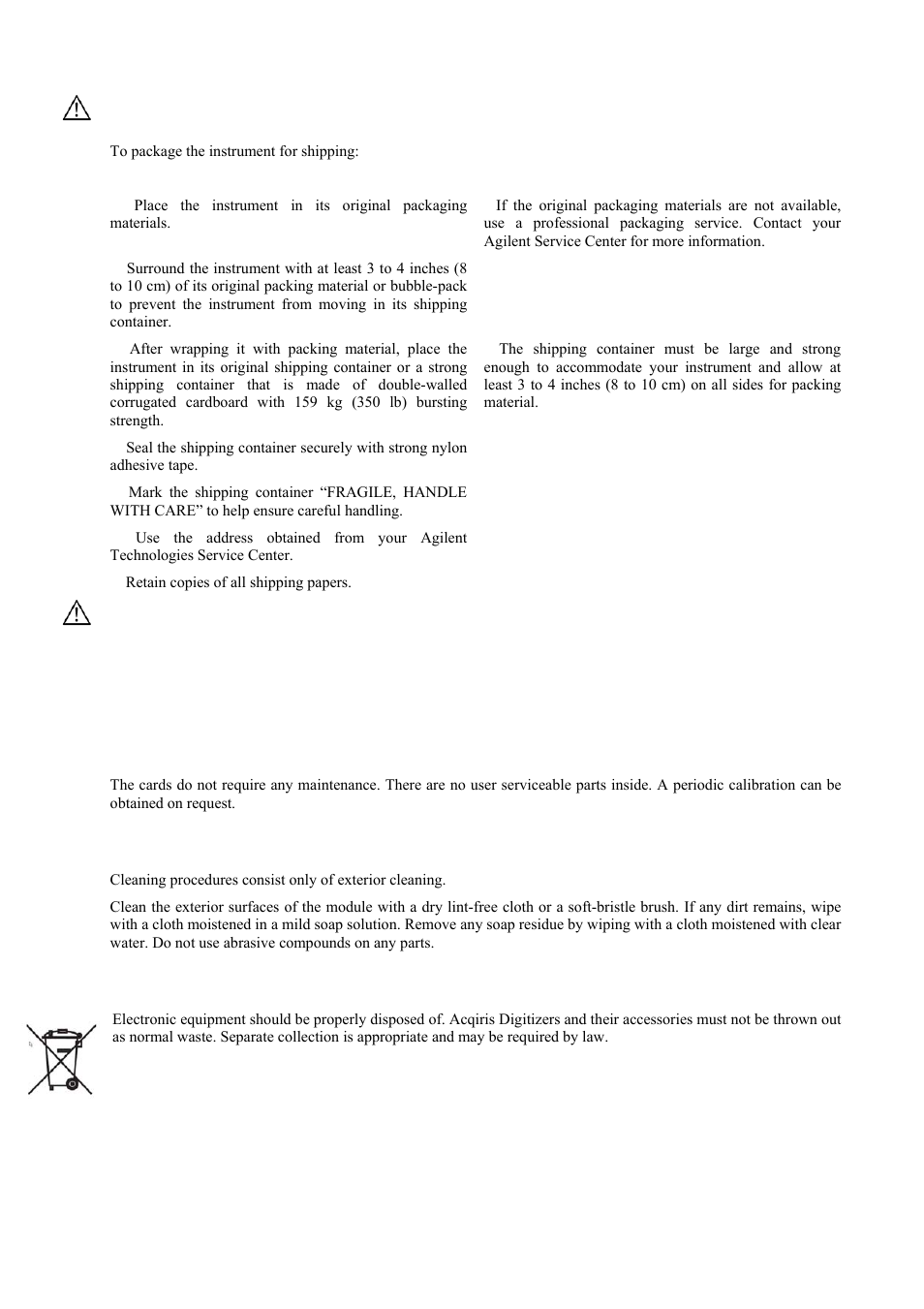 Transport & shipping, Maintenance, Cleaning | Disposal and recycling | Agilent Technologies DC152 User Manual | Page 8 / 55