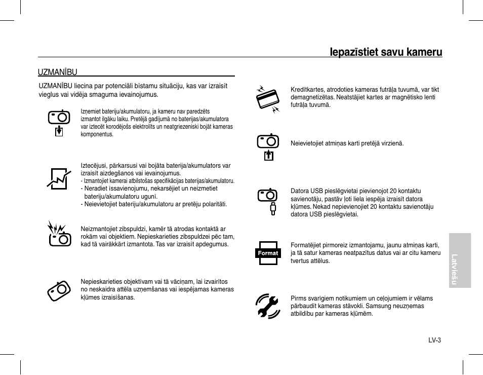 Iepazīstiet savu kameru, Uzmanību | Samsung L201 User Manual | Page 100 / 146