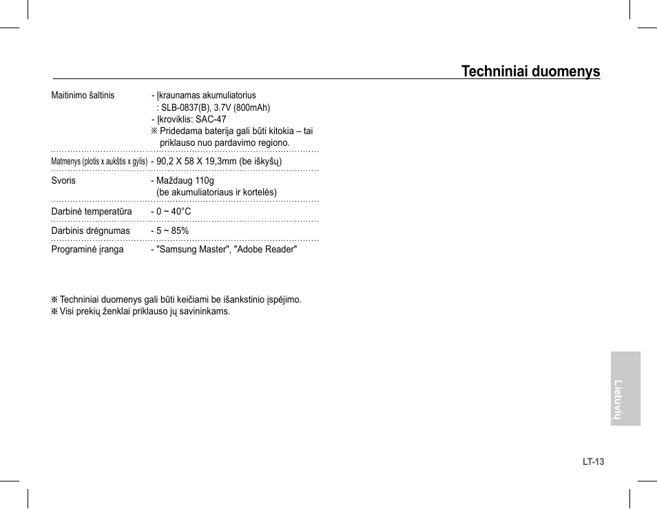 Techniniai duomenys | Samsung L201 User Manual | Page 126 / 146