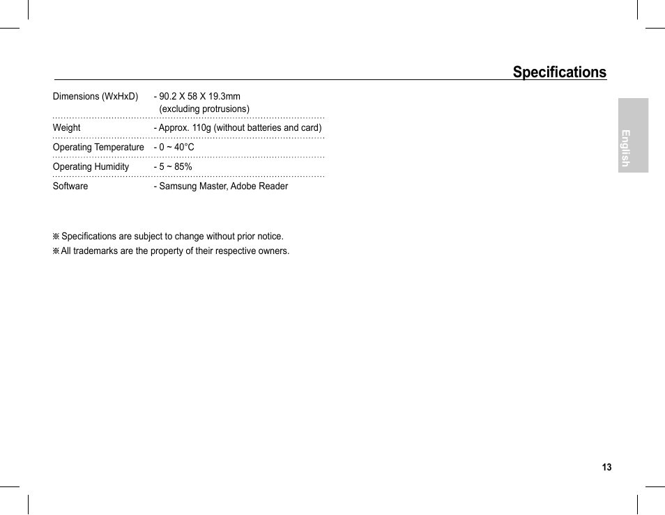 Specifications | Samsung L201 User Manual | Page 14 / 146