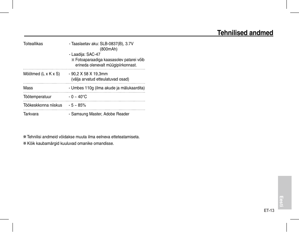 Tehnilised andmed | Samsung L201 User Manual | Page 142 / 146