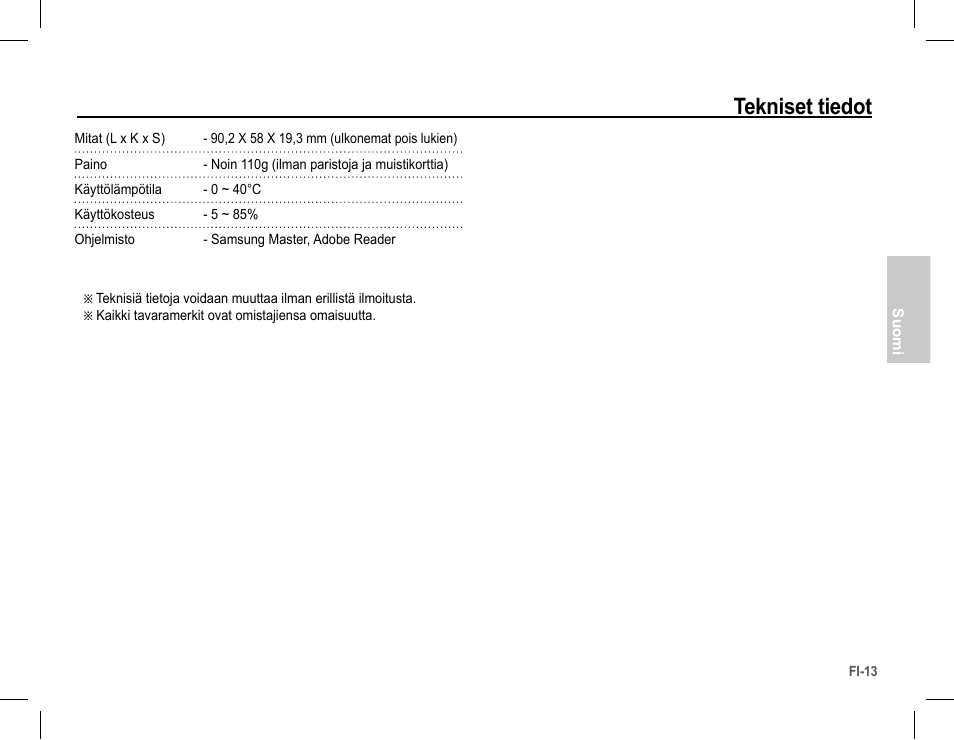 Tekniset tiedot | Samsung L201 User Manual | Page 46 / 146