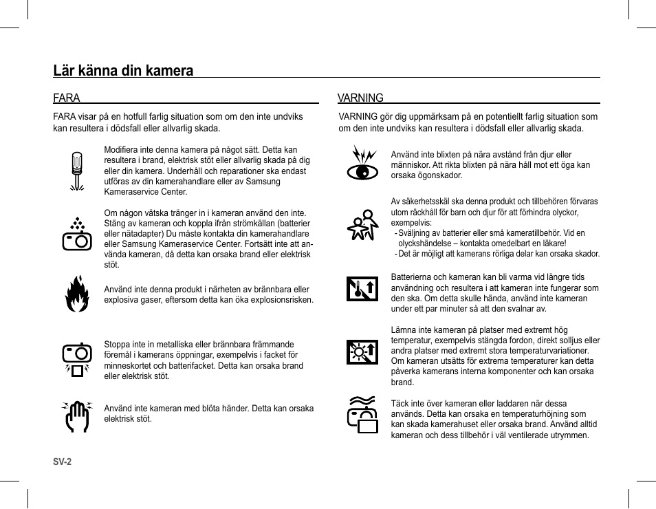 Lär känna din kamera, Fara, Varning | Samsung L201 User Manual | Page 51 / 146