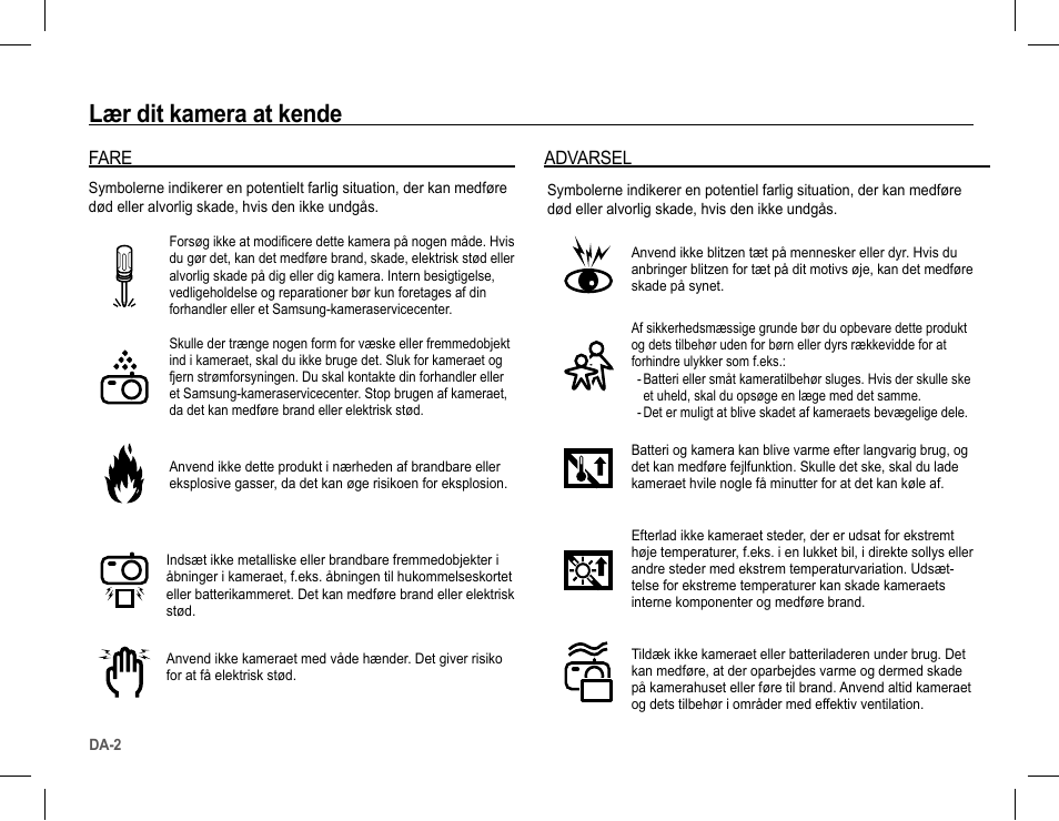 Lær dit kamera at kende, Fare advarsel | Samsung L201 User Manual | Page 67 / 146