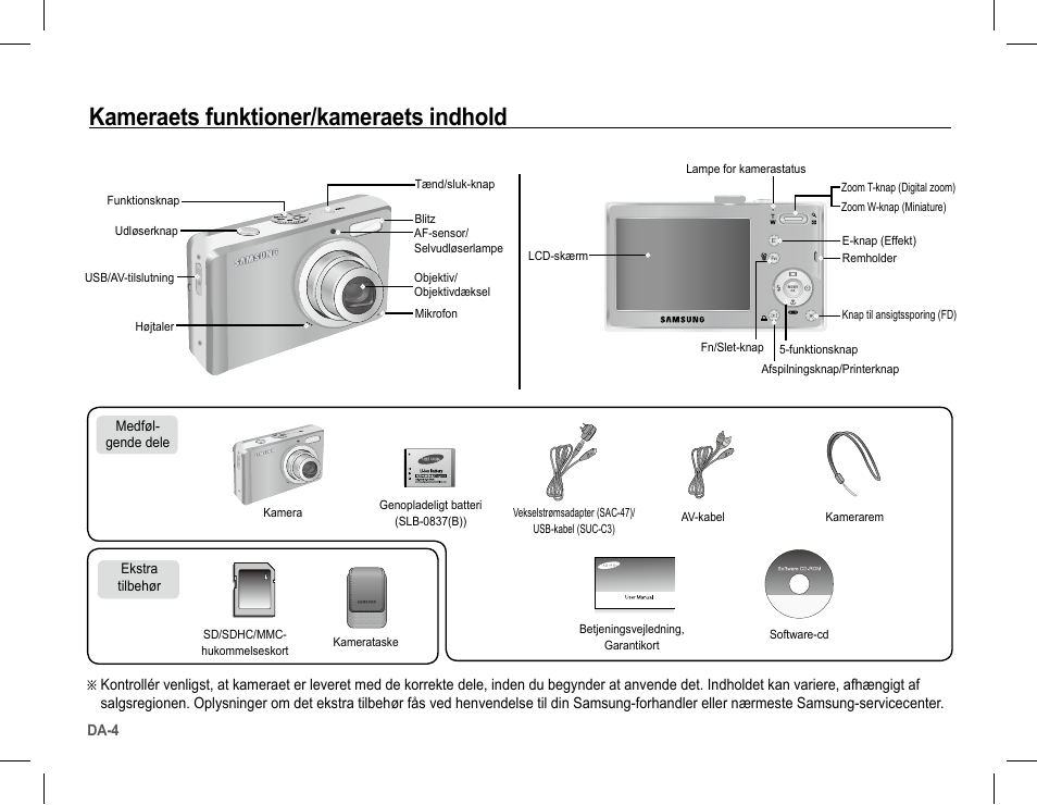 Kameraets funktioner/kameraets indhold | Samsung L201 User Manual | Page 69 / 146