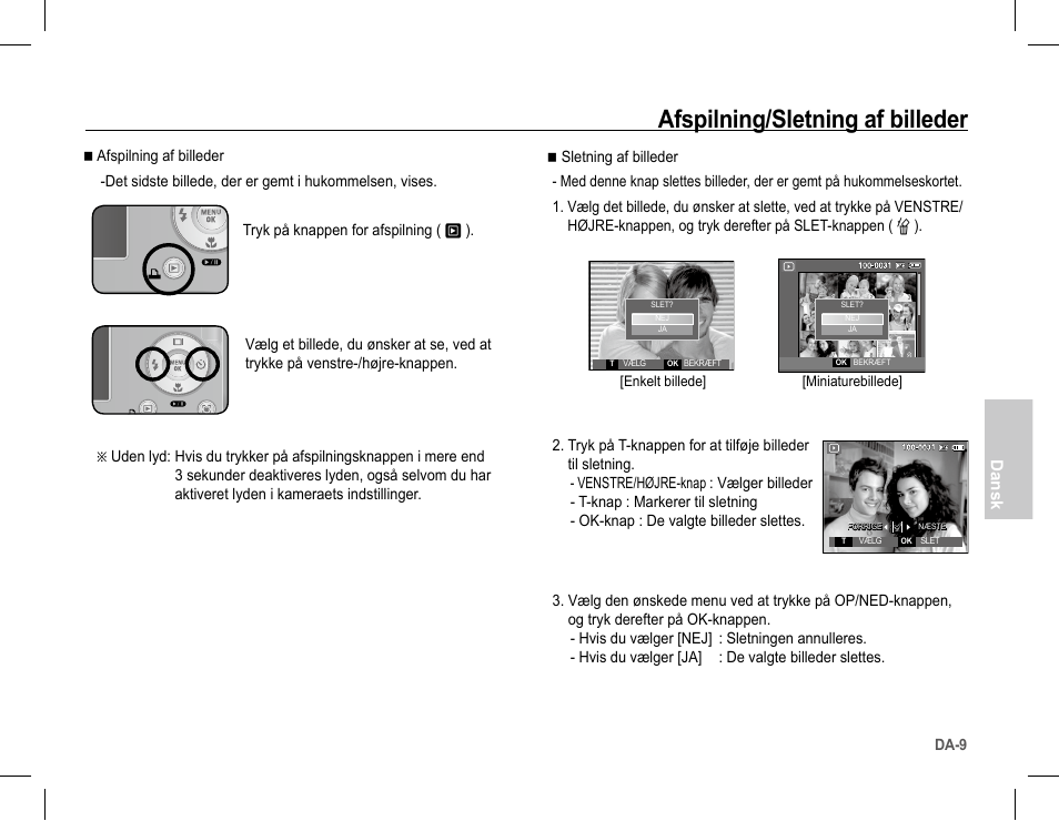 Afspilning/sletning af billeder, Dansk | Samsung L201 User Manual | Page 74 / 146