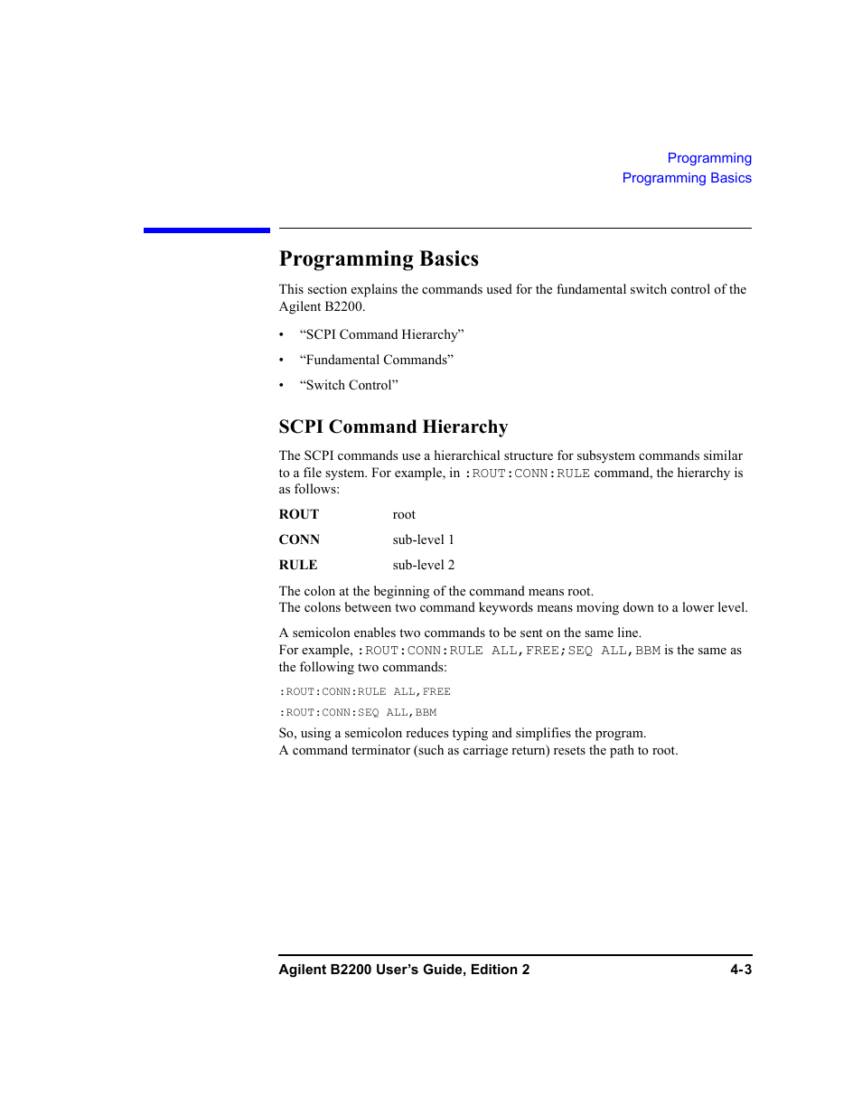 Programming basics, Scpi command hierarchy, Programming basics -3 | Scpi command hierarchy -3 | Agilent Technologies B2201A User Manual | Page 101 / 234