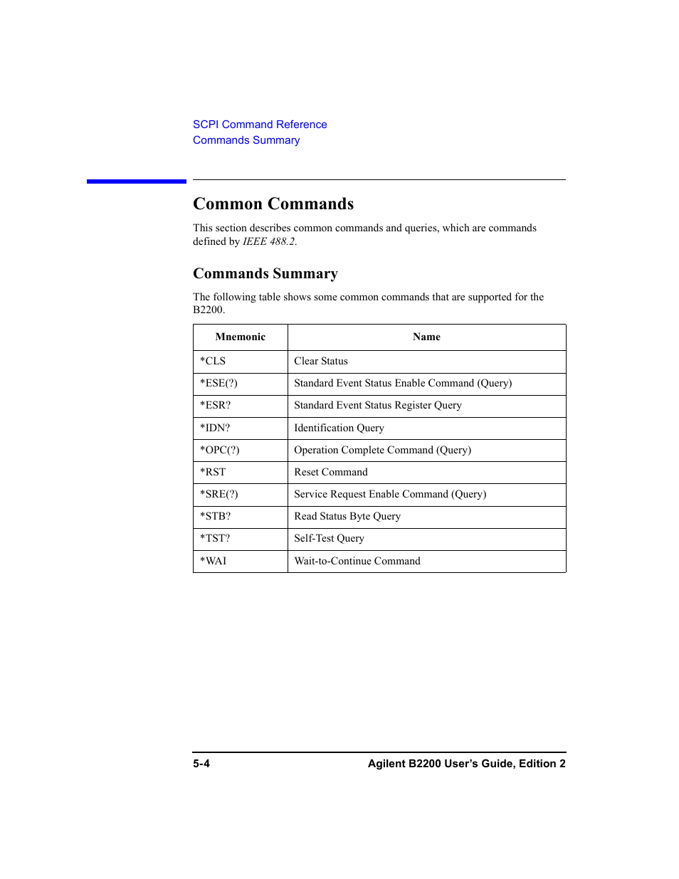 Common commands, Commands summary, Common commands -4 | Commands summary -4 | Agilent Technologies B2201A User Manual | Page 130 / 234