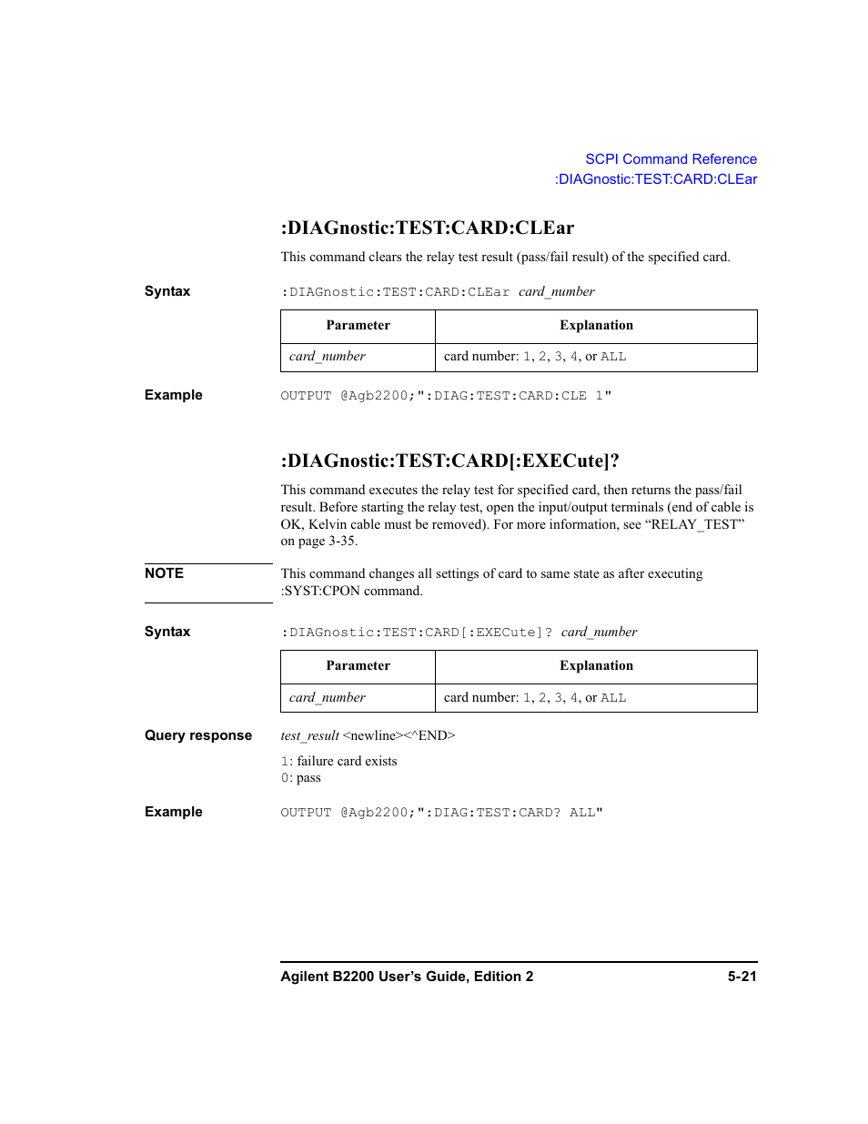 Diagnostic:test:card:clear, Diagnostic:test:card[:execute | Agilent Technologies B2201A User Manual | Page 147 / 234