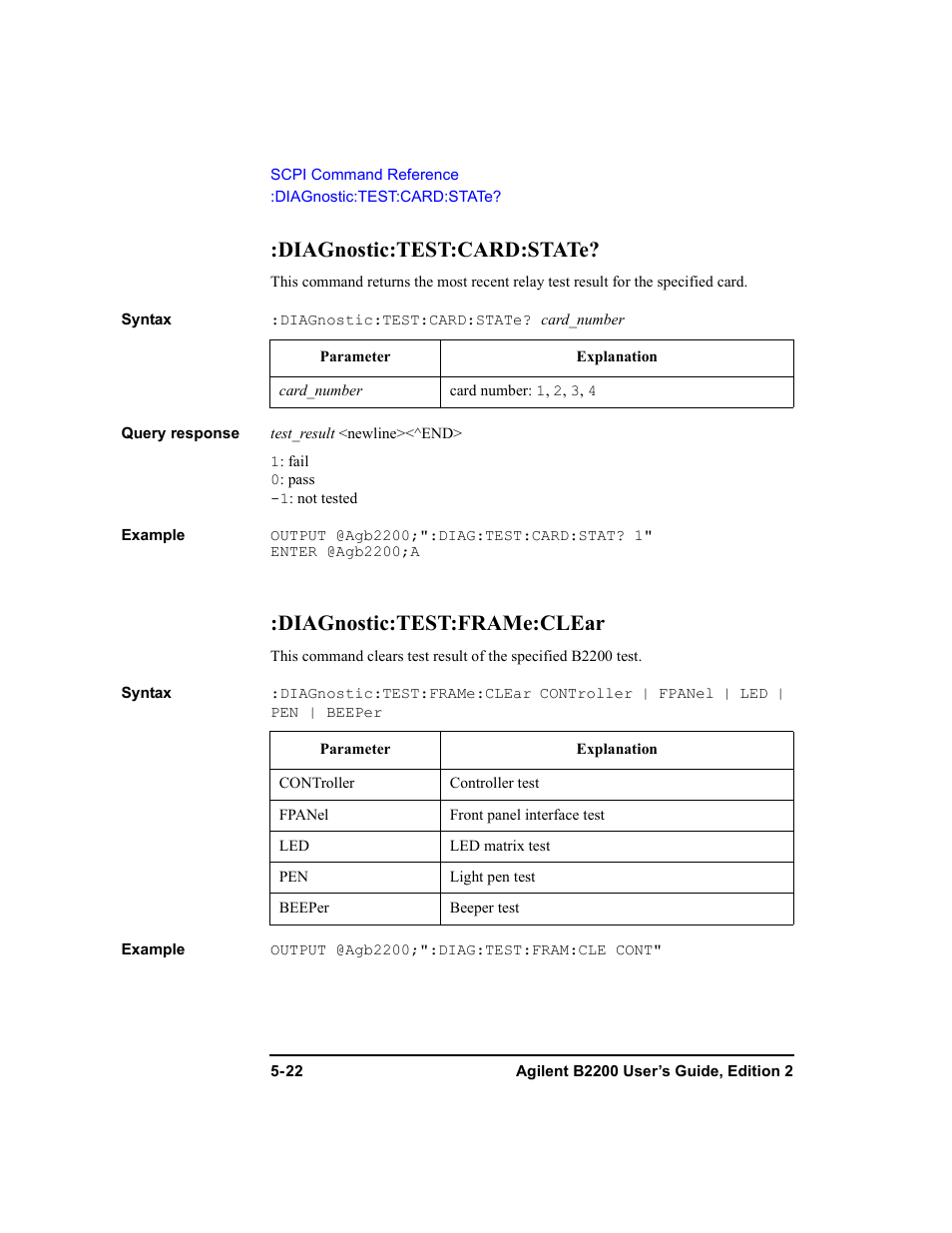 Diagnostic:test:card:state, Diagnostic:test:frame:clear | Agilent Technologies B2201A User Manual | Page 148 / 234