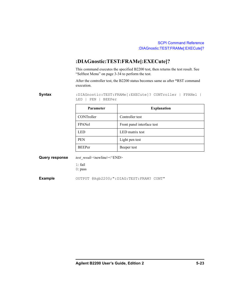 Diagnostic:test:frame[:execute, Diagnostic:test:frame[:execute]? -23 | Agilent Technologies B2201A User Manual | Page 149 / 234