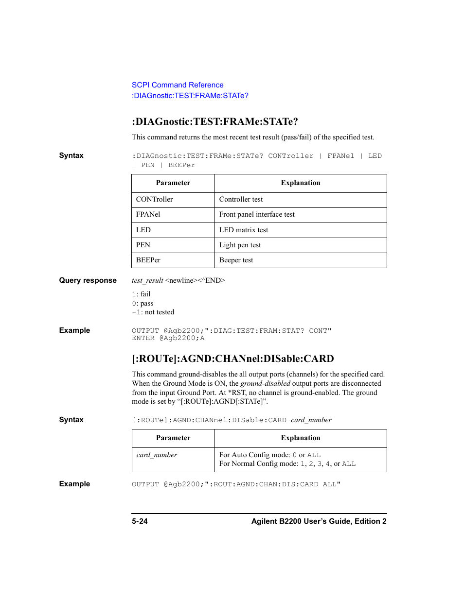 Diagnostic:test:frame:state, Route]:agnd:channel:disable:card | Agilent Technologies B2201A User Manual | Page 150 / 234