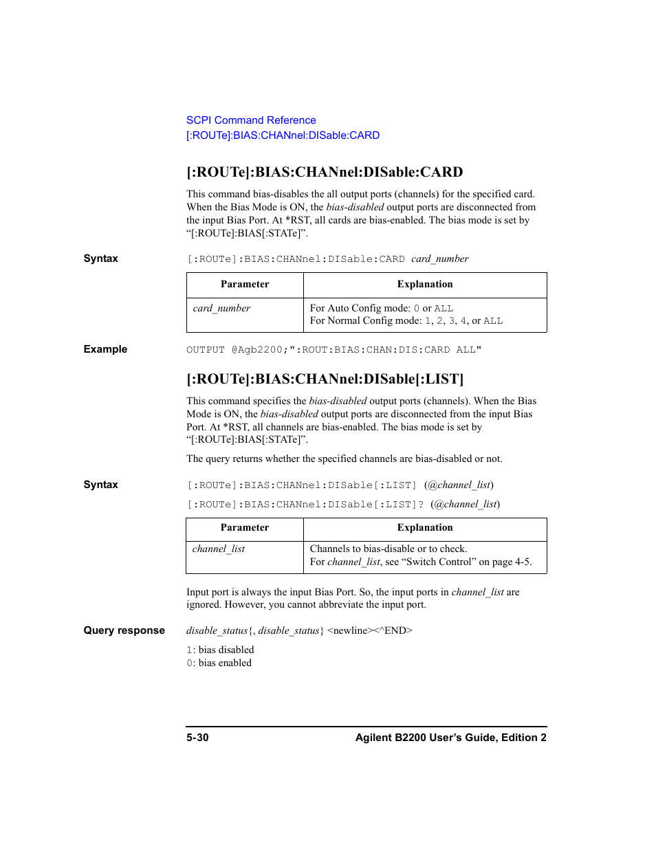 Route]:bias:channel:disable:card, Route]:bias:channel:disable[:list | Agilent Technologies B2201A User Manual | Page 156 / 234