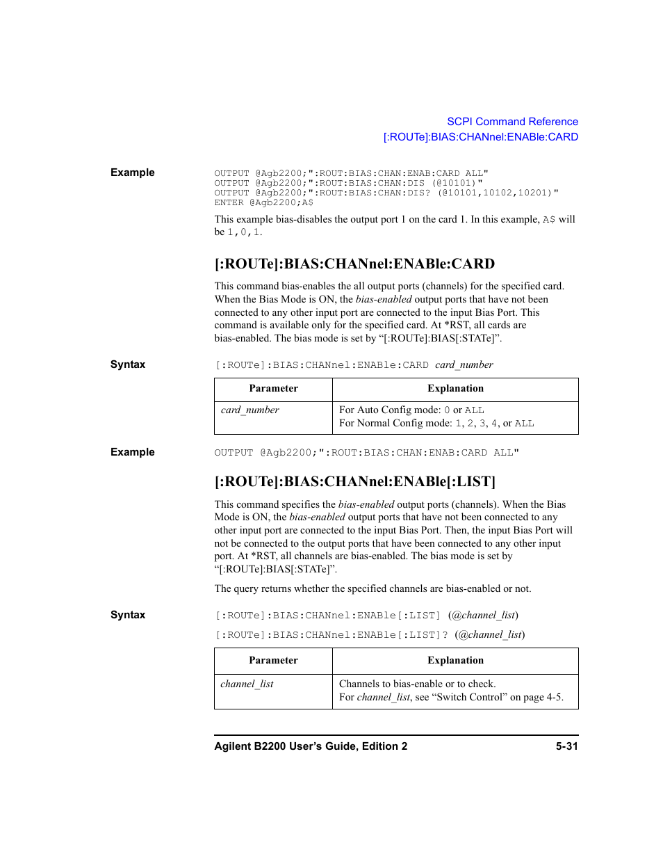 Route]:bias:channel:enable:card, Route]:bias:channel:enable[:list | Agilent Technologies B2201A User Manual | Page 157 / 234