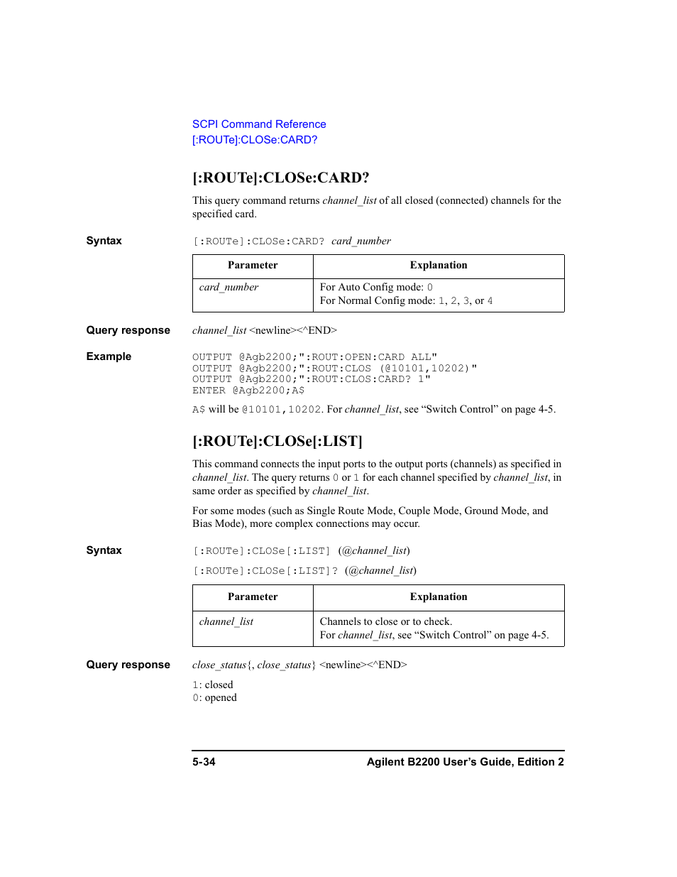 Route]:close:card, Route]:close[:list, Route]:close:card? -34 [:route]:close[:list] -34 | Agilent Technologies B2201A User Manual | Page 160 / 234