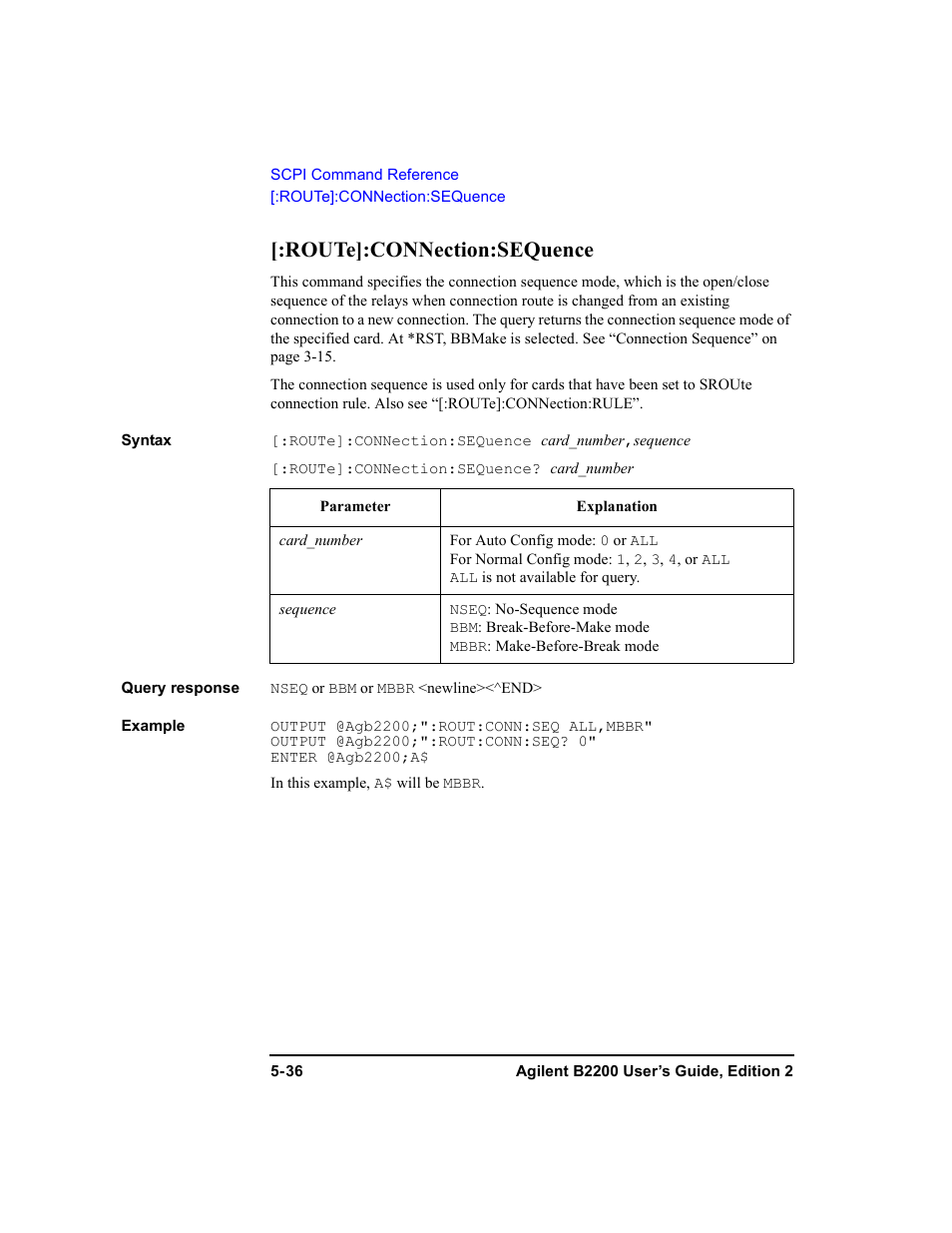 Route]:connection:sequence, Route]:connection:sequence -36 | Agilent Technologies B2201A User Manual | Page 162 / 234