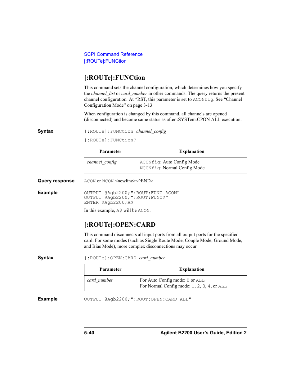 Route]:function, Route]:open:card, Route]:function -40 [:route]:open:card -40 | Agilent Technologies B2201A User Manual | Page 166 / 234