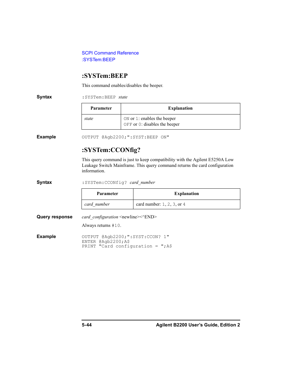 System:beep, System:cconfig, System:beep -44 :system:cconfig? -44 | Agilent Technologies B2201A User Manual | Page 170 / 234